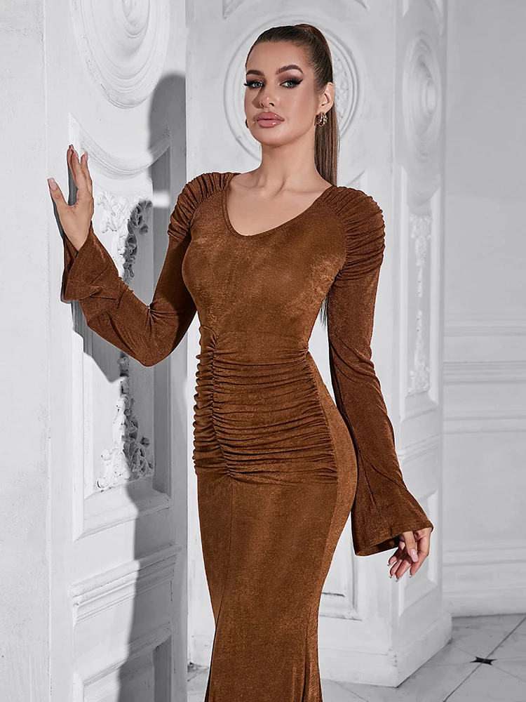 Vestido largo de manga larga con pliegues para mujer, vestidos Bodycon fruncidos marrones, vestidos de fiesta de noche elegantes, cuello en V, Sexy, Otoño, nuevo