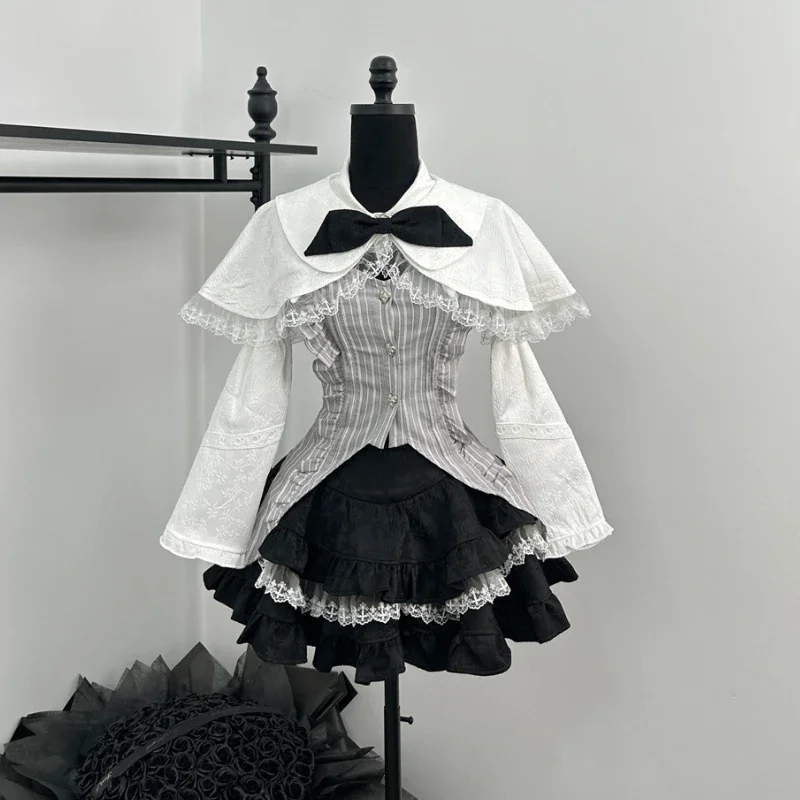 Japanese New Preppy Style 4 Piece Sets Women Y2k Bow Cape Coat Stripe Vest Tops Kawaii Lace Ruffles Cake Mini Skrits Lolita Suit