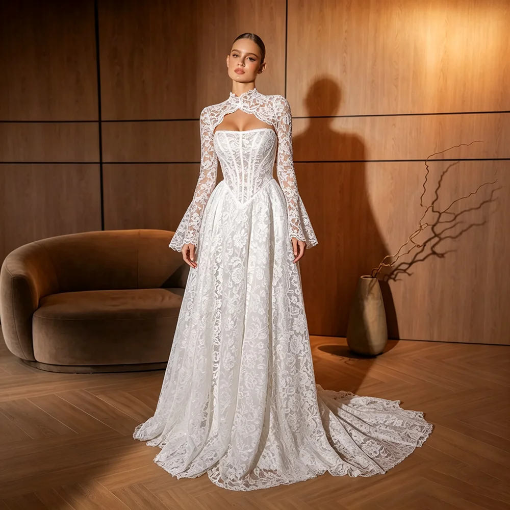 Long Bell Sleeves Strapless Bridal Ballgowns With Train High Neck Lace Bolero Customized Plus Size Ivory Elegant Wedding