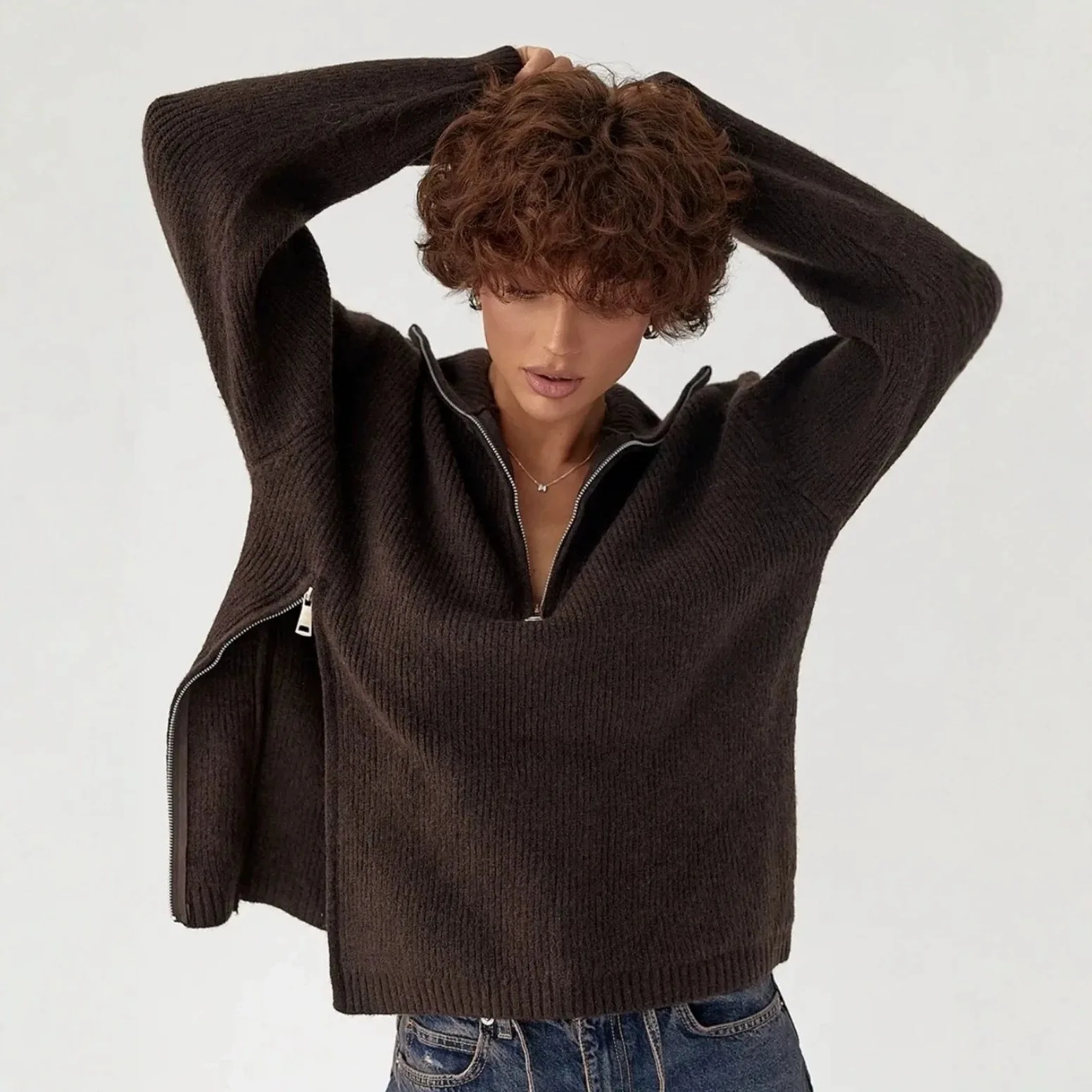 Half Zip High Neck Knitted Women's Long Sleeve Top Loose Split Hem Cozy Warm Daily Casual Autumn Winter Pullover Sweater