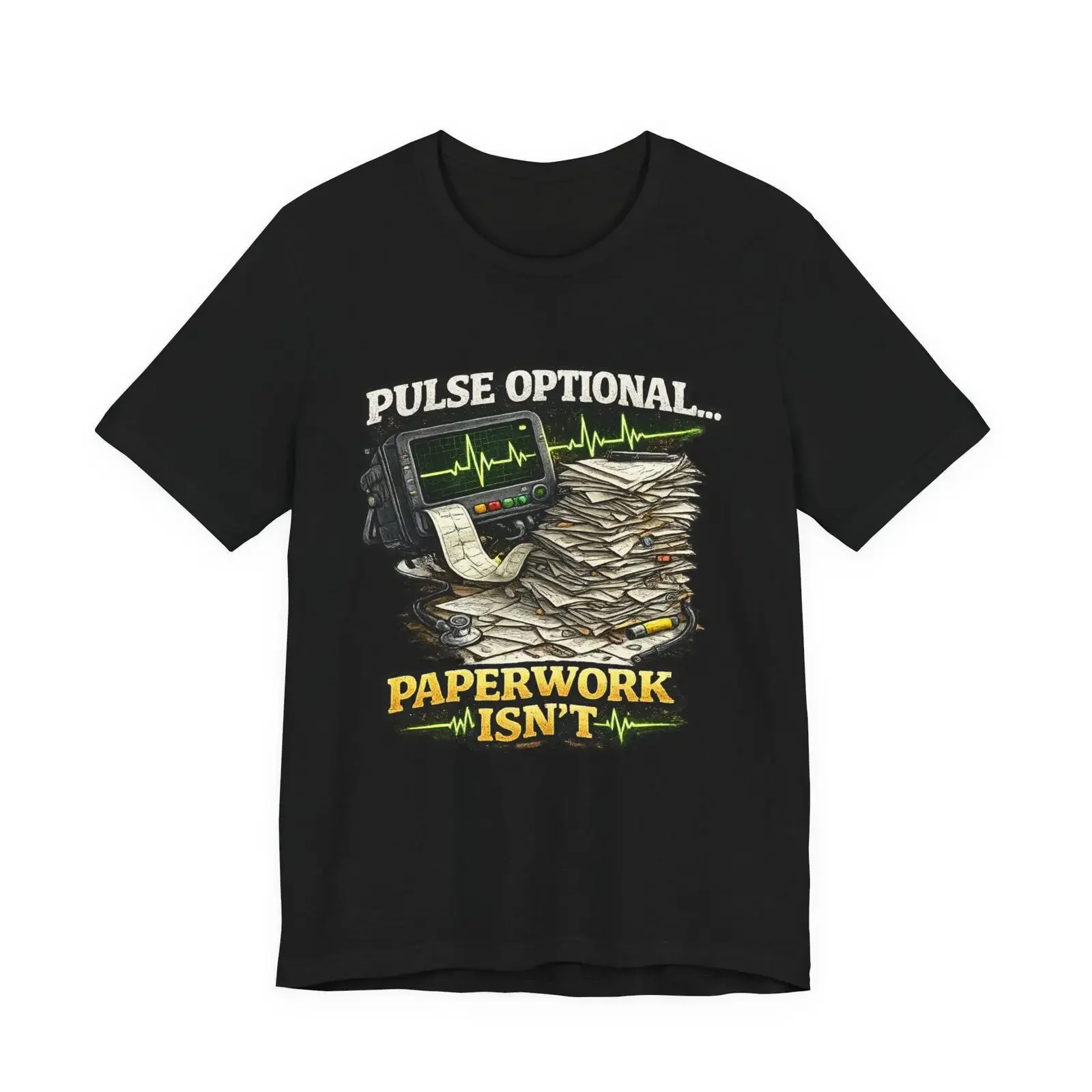 Pulse Optional ECG Monitor and Paperwork Stack T Shirt Funny Medical vintage Washed Versatile Soft Slightly graphic