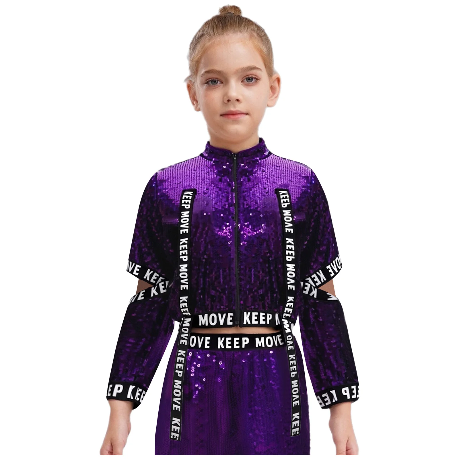 

Kids Girls Jacket Coat Hip-Hop Jazz Dance Top Shiny Sequins Cutout Sleeves Letter Printed Elastic Bands Overcoat Streetwear