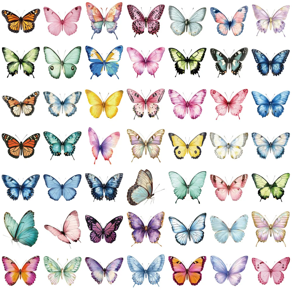 50pcs Aesthetic Transparent Cartoon Colored Butterfly Stickers Pack Guitar Journal Phone DIY Sticker Scrapbooking Supplies