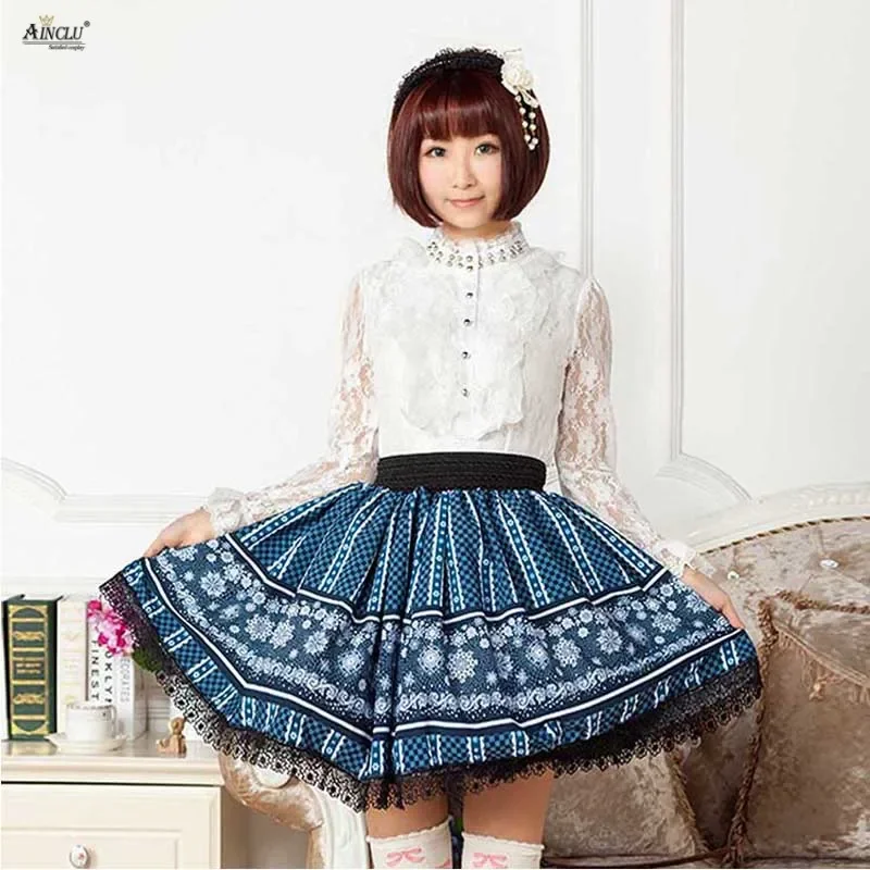 Womens Lolita Kanten Jurk Rokken Lady Exclusieve Blauwe Kant Sneeuwvlok Gedrukt Zoete Prinses Geplooide Lolita Rokken XS-XXL