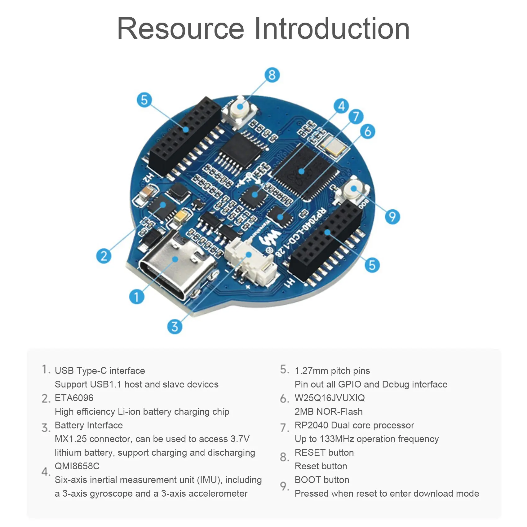 للوحة تطوير Raspberry Pi RP2040 شاشة عرض 1.28 بوصة مستديرة/LCD/أجهزة استشعار الجيروسكوب
