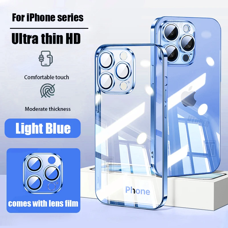 Official 16 Series Blue Plating Case for iPhone 16 15 14 13 12 11 Pro Max Plus Ultra-thin Antiskid Clear Lens Film Protect Cover