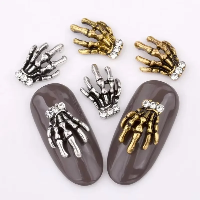 10pcs retro gold silver hand skeleton design nail ornaments, set charm rhinestone DIY nail accessories QB050-051