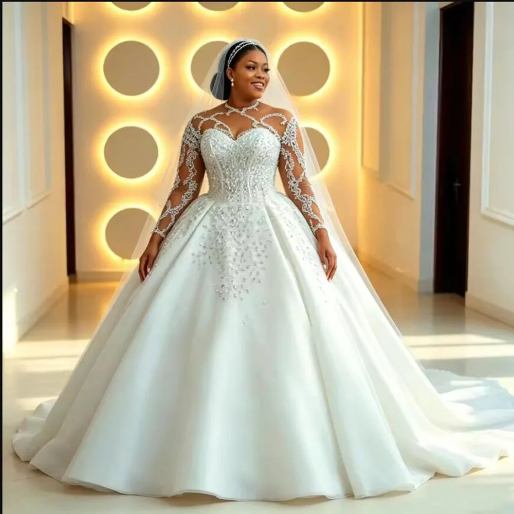 Exquisite Princess Ball Gown Wedding Dresses For Bride Diamond Crystals O Neck Long Sleeves Bridal Gowns Customized Robe Mariee