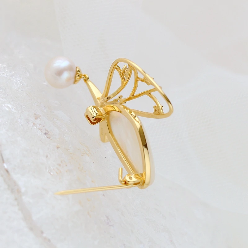 Authentic 925 Sterling Silver Brooch 18K Gold Plated Butterfly Inlaid Natural Freshwater Pearl Shellfish Trendy Jewelry Gift