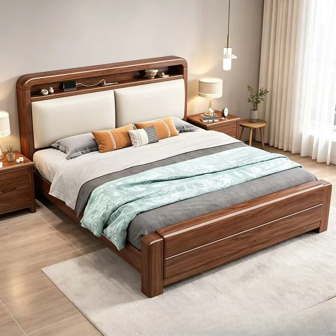 Full tenon and mortise solid wood double bed thickened full bed board bedside section soft bag waist protection walnut