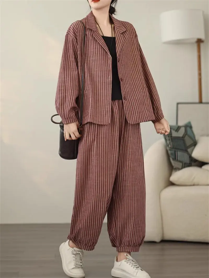 Retro Stripe Cotton And Linen Suit 2024 Women\'s Autumn Temperament Casual Wide Leg Harem Pants Loose Oversized 2 Piece Set K2478