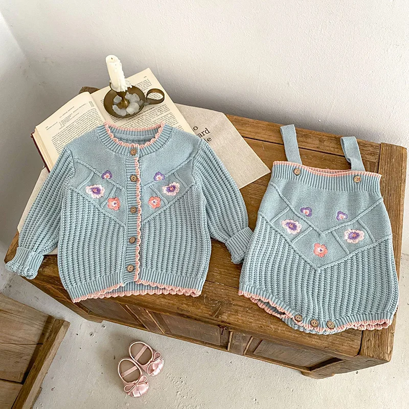 2024 New Spring Infant Baby Girls Knitted Clothing Set Long Sleeved Knitted Cardigan+Jumpsuit Children Knitted Clothes Suit