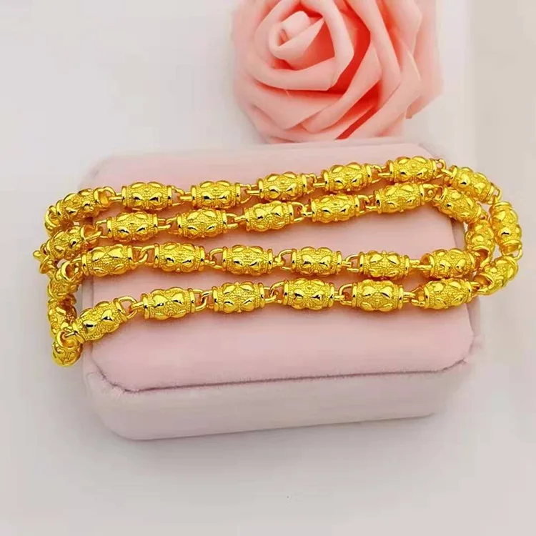 Men's 24K Gold AU999 Heart & Olive Bead Necklace - Even beads, heavy texture, value-preserving, for shirts & hoodies
