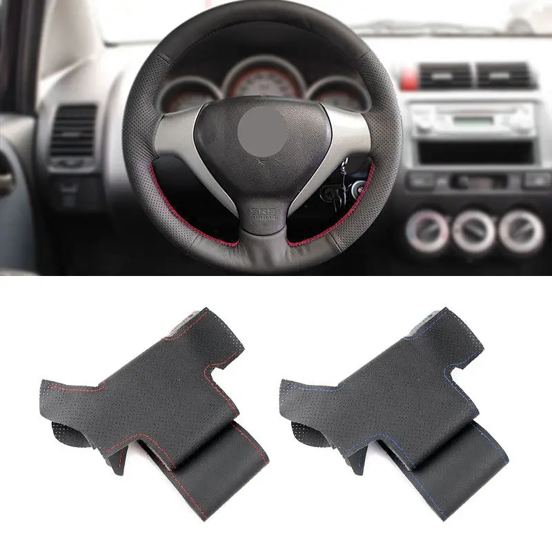 Hand Sewing Perforated Microfiber Leather Accessories For Honda City Jazz Fit 2007 2008 Car Interior Steering Wheel Cover Trim