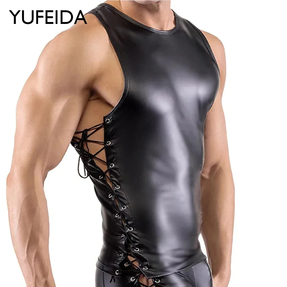 YUFEIDA Mens Sexy Faux Leather Tank Tops Leather Solid Color Nightclub Stage Performance Costumes Side Bandage Gym Fitness Vest