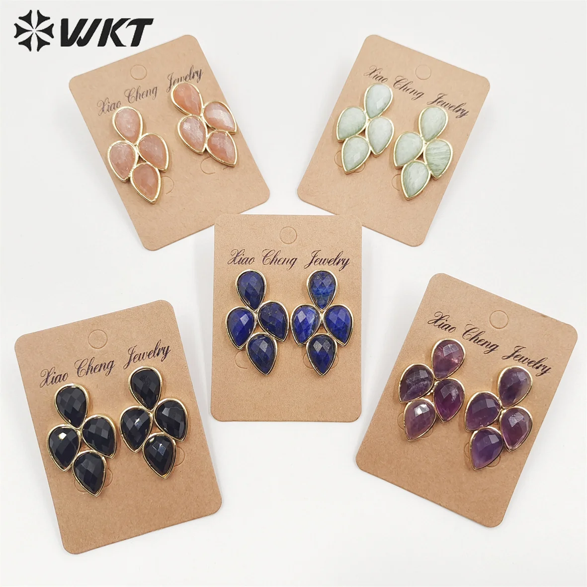 WT-E704  Newest Fashion Gold Electroplated Multi Gemstone Studs Earrings Gorgeous Women Water Drop Lapis Quartz Wedding
