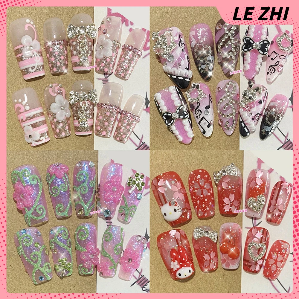 

Sweet Cool Cartoon Handmade Long Coffin Almond Ellipse Removable Fake Nails Y2K Flower Diamond Bowknot Music Note Press On Nails