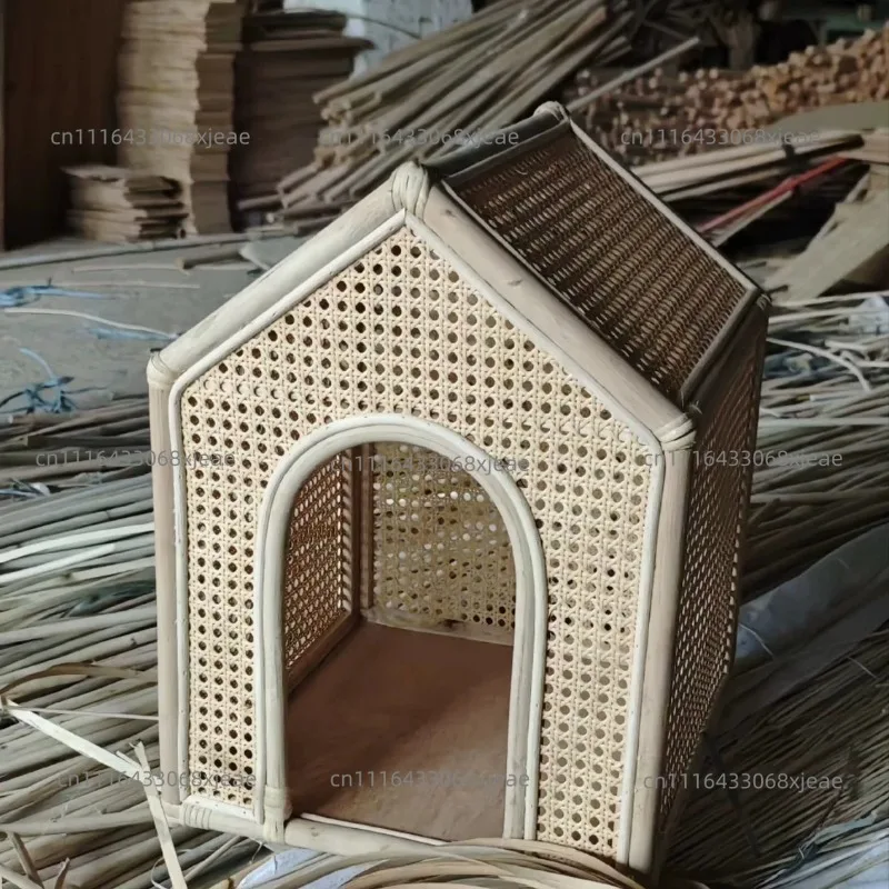 Handmade Rattan Pet Bed, Breathable Cat & Dog Kennel, Natural Wicker Dog House for Summer
