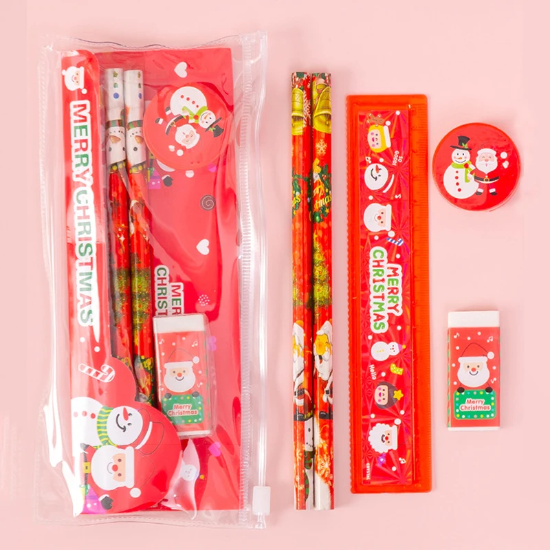 5pcs -1set Christmas Stationery Set Pencil Eraser Pencil Sharpener Ruler Pulling Edge Bag Student Specific Stationery Supplies
