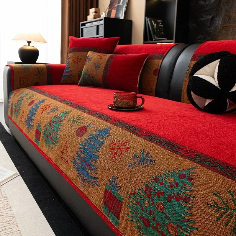 1pcs Chenille Christmas Sofa Seat Cushion Festival Vibe Decoration Anti Slip Sofa Cover Dustproof Pet Friendly Couch Slipcover