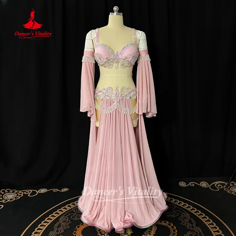 Bauchtanz-Wettbewerbsset für Damen Maßgefertigtes Hochwertiges Luxus-Performance-Kostüm mit AB-Steinen Orientalisches Tanzoutfit Tanzvitalität