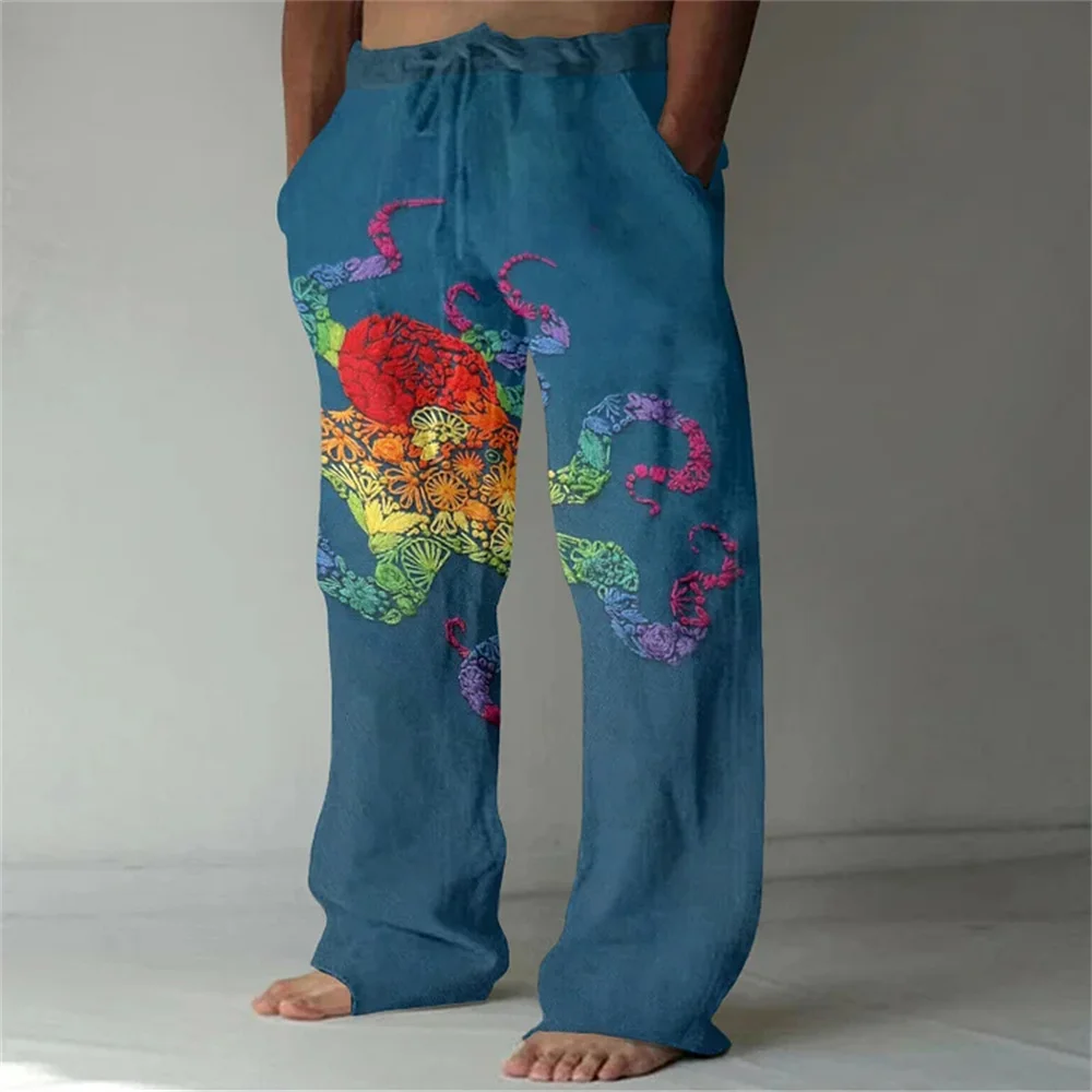 Comfortable casual pants with personalized colorful octopus pattern printing, fashionable and simple men's straight leg pants