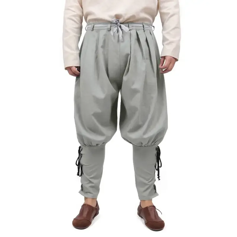 DAZCOS średniowieczne spodnie pirackie lniane bawełniane męskie kostium rycerski luźne legginsy Viking Navigator bandaż na nogawkach spodnie Halloween OA318