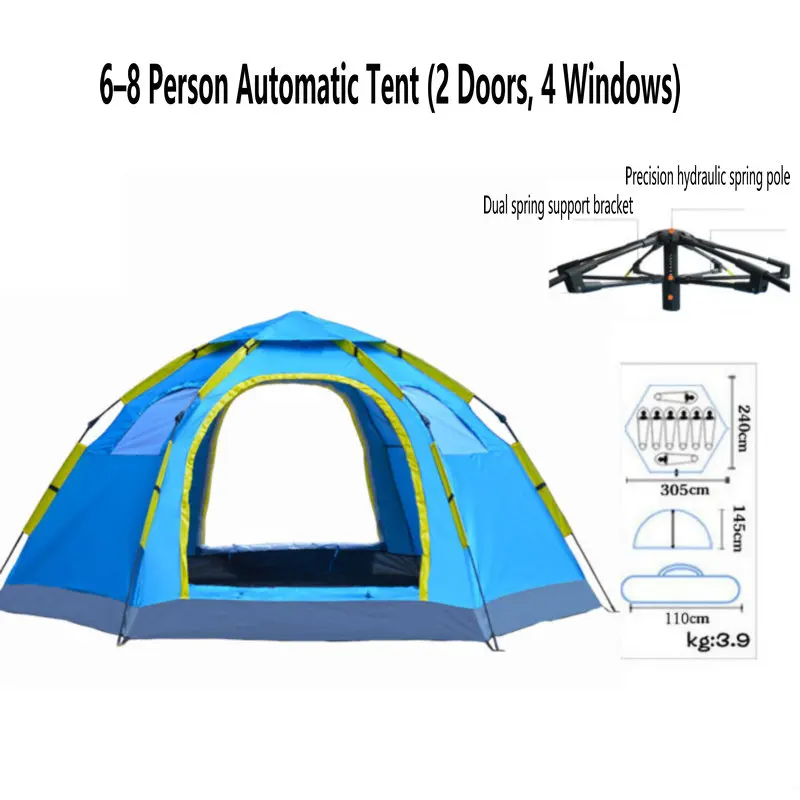 Automatic Hexagonal Camping Tent 6‑8 Persons 2 Doors 4 Windows Quick Setup Hydraulic Spring Outdoor Family Travel Sun‑shade Tent
