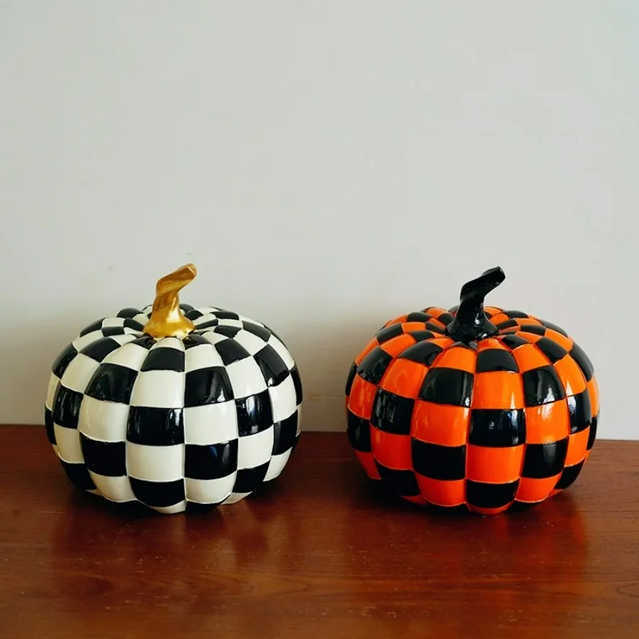 Creative Mosaic Pumpkin Ornaments Classic Nordic Checkerboard Pattern Resin Crafts Halloween Decorations Unique Fall Home Gift