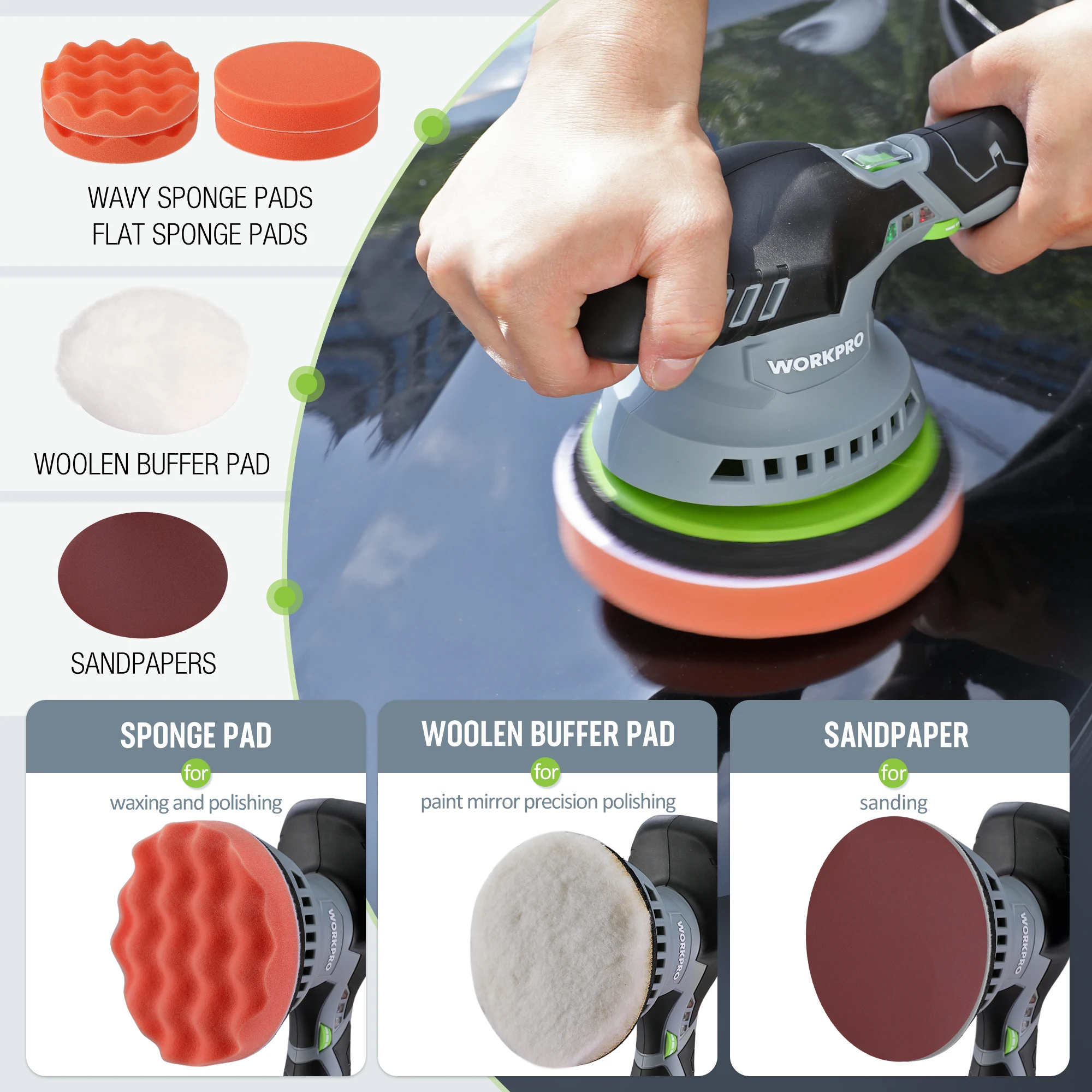 WORKPRO-Cordless Dual Car Polisher, Electric Dual Action, Wireless Polishing Machine, Waxing Power Tools, 12V