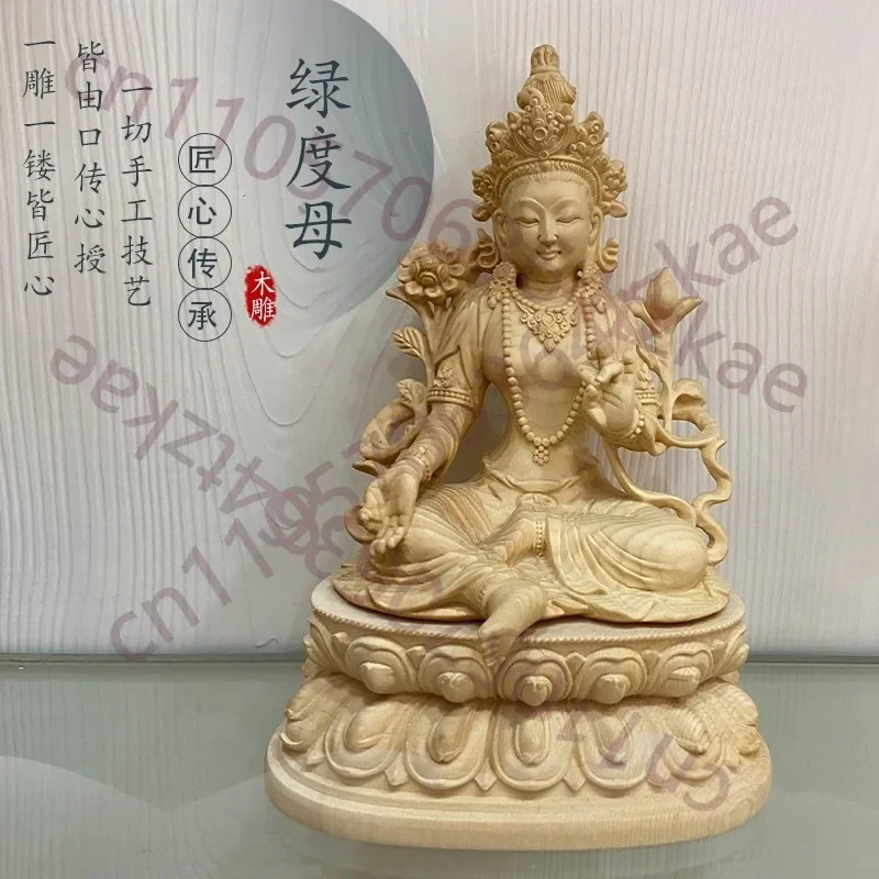 Hand-Carved Hinoki Wood Dashboard Sculpture - Featuring Green Tara & Buddhist Pantheon, Collector‘s Grade Traveling Art & Spiri