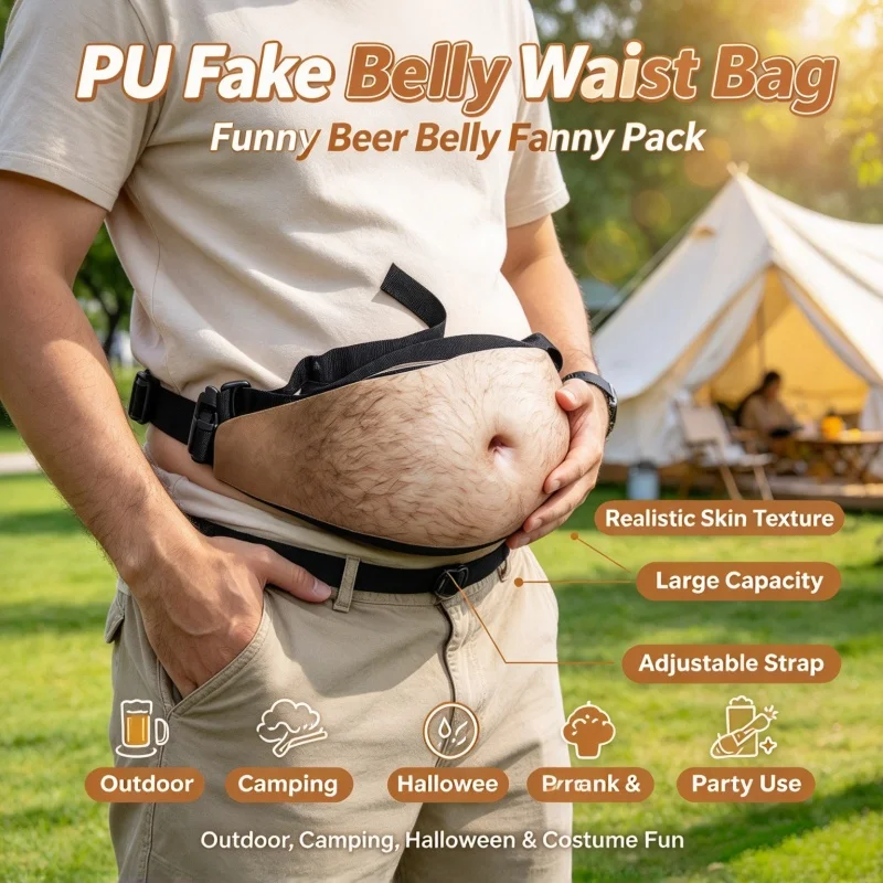 Novelty Dadbag PU Fake Simulated Beer Belly Waist Bag Big Belly Storage Pouch Wacky Coin Purse for Outdoor Activities Prank