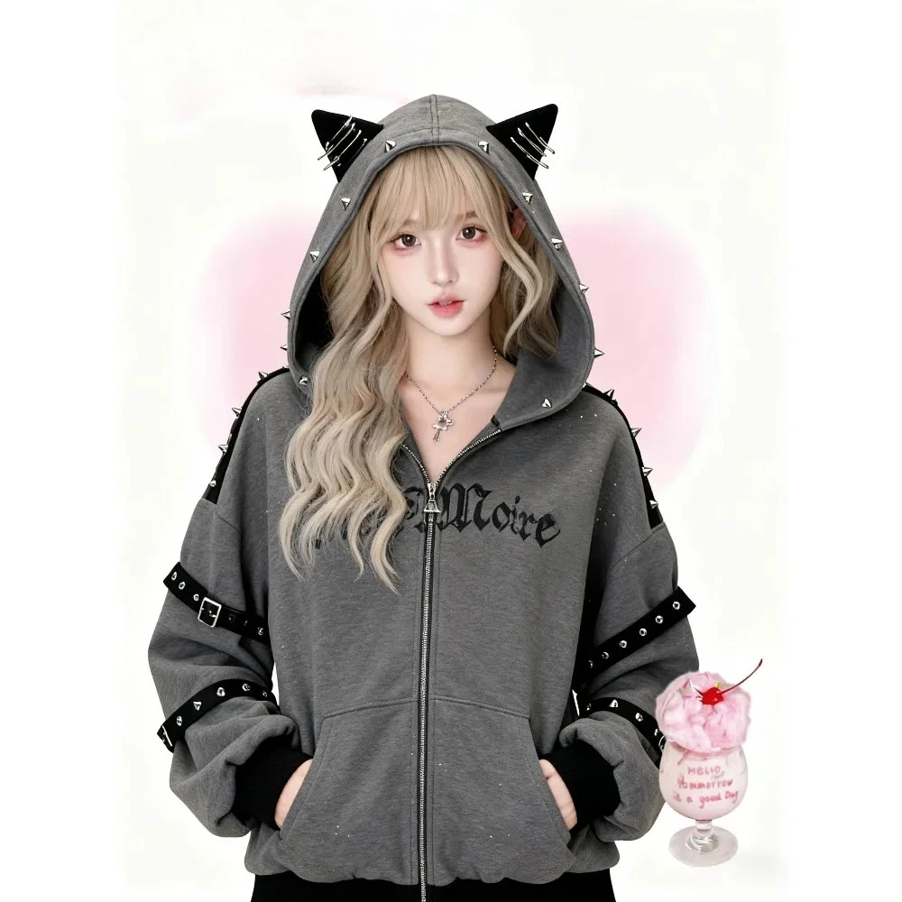 

Японские пальто с капюшоном и принтом Kawaii, женские толстовки, куртка с принтом в стиле Харадзюку, эстетичная блузка в стиле гранж, милые топы Y2k