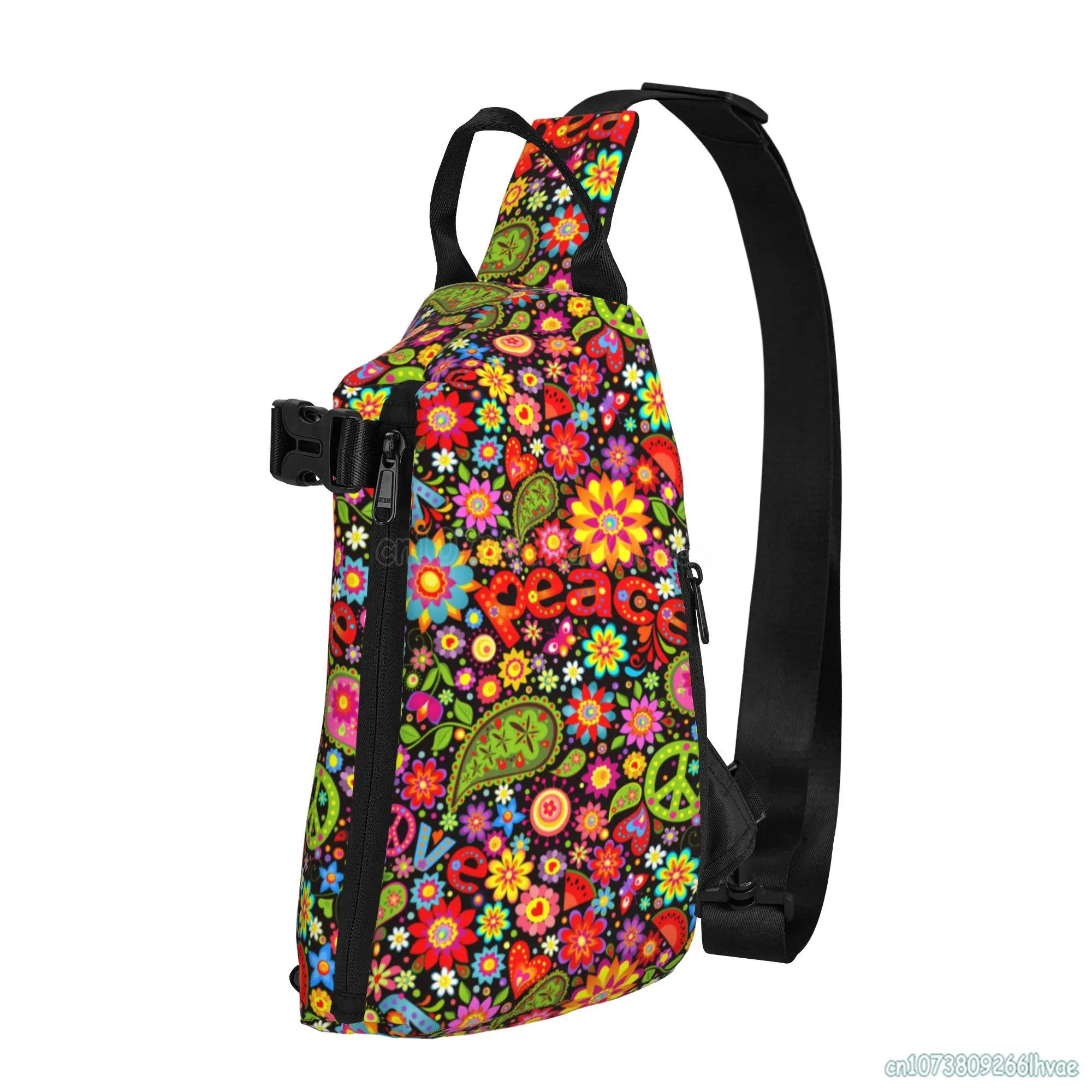 Mochila Hippie Floral Colorida Sling, Unisex Crossbody Chest Bag, Multiuso, Daypack de um ombro para exterior, caminhadas, viagem