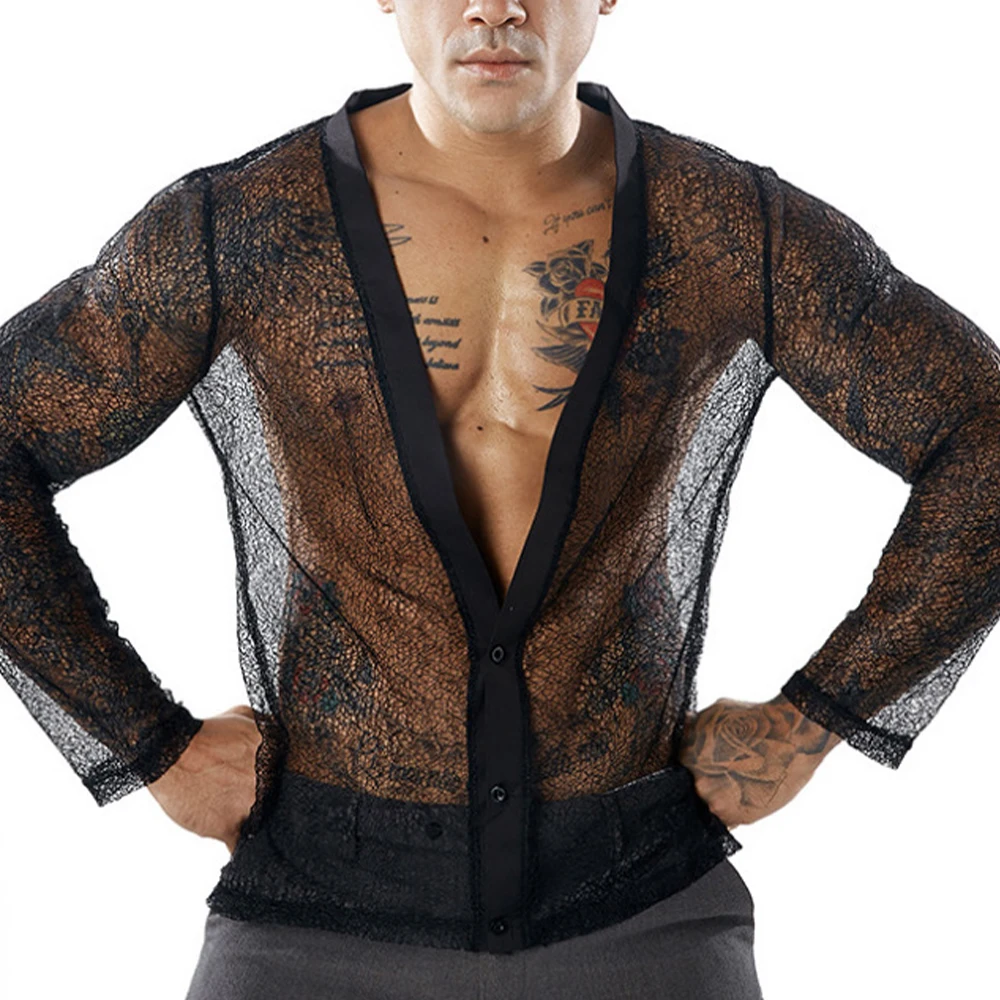 Comfortable Shirts Transparent Cardigan Casual Deep V-neck Fashion Long Sleeve Long-sleeved Men Mesh See Through