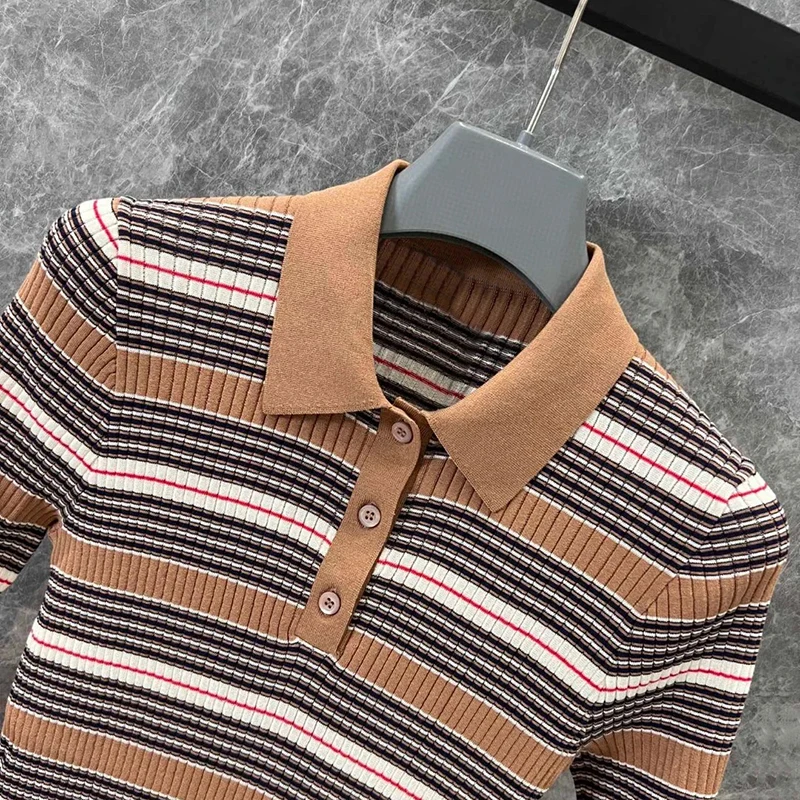 High-End ort-Sve  Ne Striped Knitwear for Young Girls Korean Sle Slim Fit Regular Length Autumn Season Faion