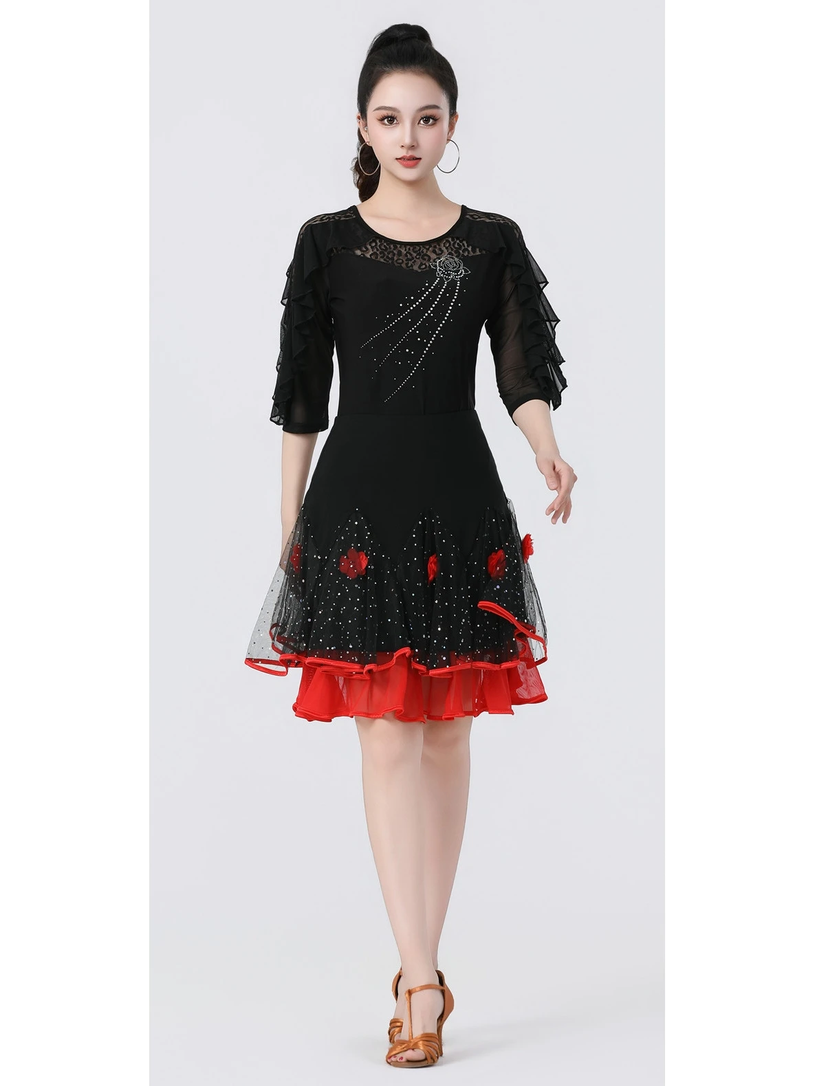 slimming-square-dance-top-women's-round-neck-ruffle-sleeve-sparkling-drill-elastic-fitness-shirt-fashionable-dancewear