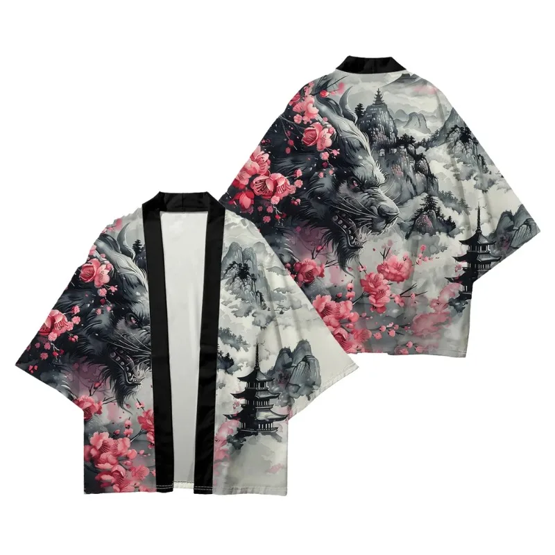 Anime Mythical Beas Tlion Tiger Print Kimono Traditional Samurai Japanese Cardigan Yukata Women Men Harajuku Haori Cosplay Tops