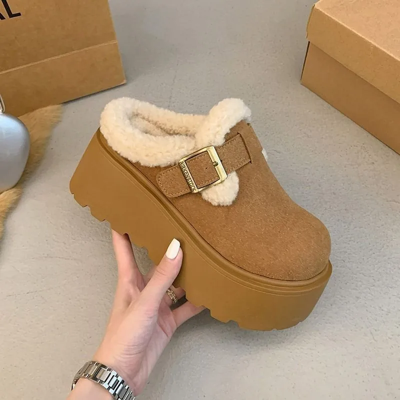 Zapatillas sin cordones de fondo grueso a la moda para mujer, ropa interior y exterior, forro polar, punta redonda, suela de goma, estilo informal