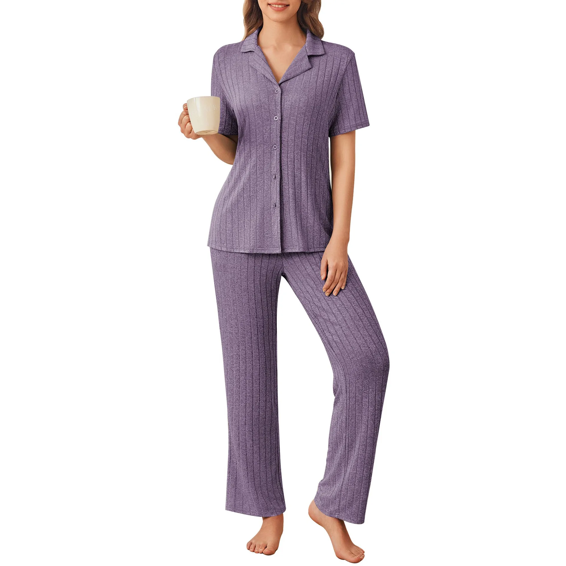 Fashion Casual Women's Home Wear Set Short Sleeve Trousers Floral Yarn Pit Cardigan Lapel Pajamas Set Sleepwear Women