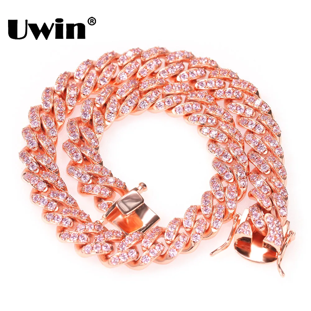 

UWIN 12mm Micro Paved Cuban Link Chain Necklaces Iced Out Miami Cuban Bangles Pink CZ Luxury Bling Fashion Hip Hop Jewelry