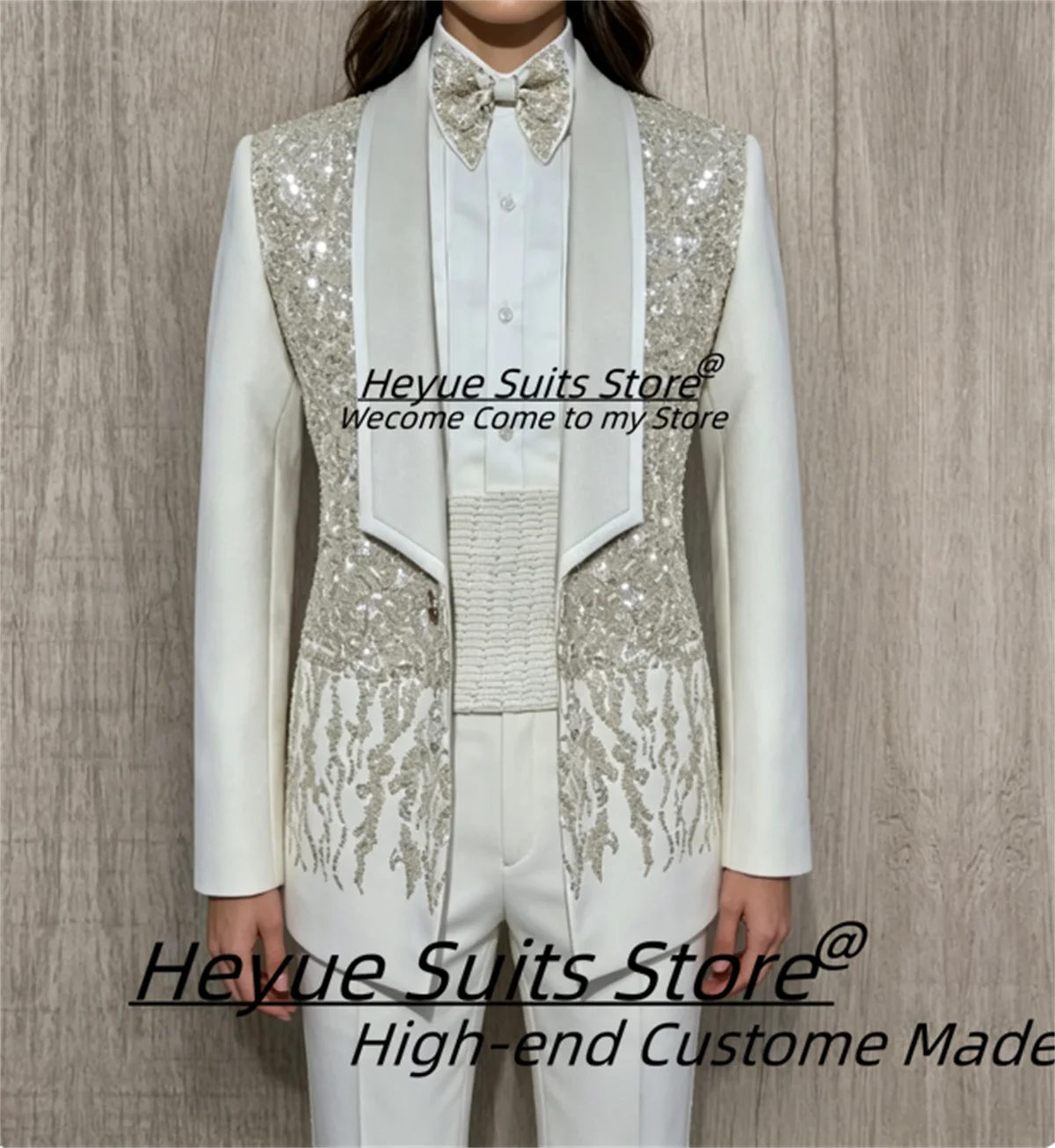 Luxurious Shiny Crystal Groom Wedding Tuxedos Customized Slim Fit Shawl Lapel Men Suits 2 Pcs Sets Male Prom Blazers Ropa Hombre