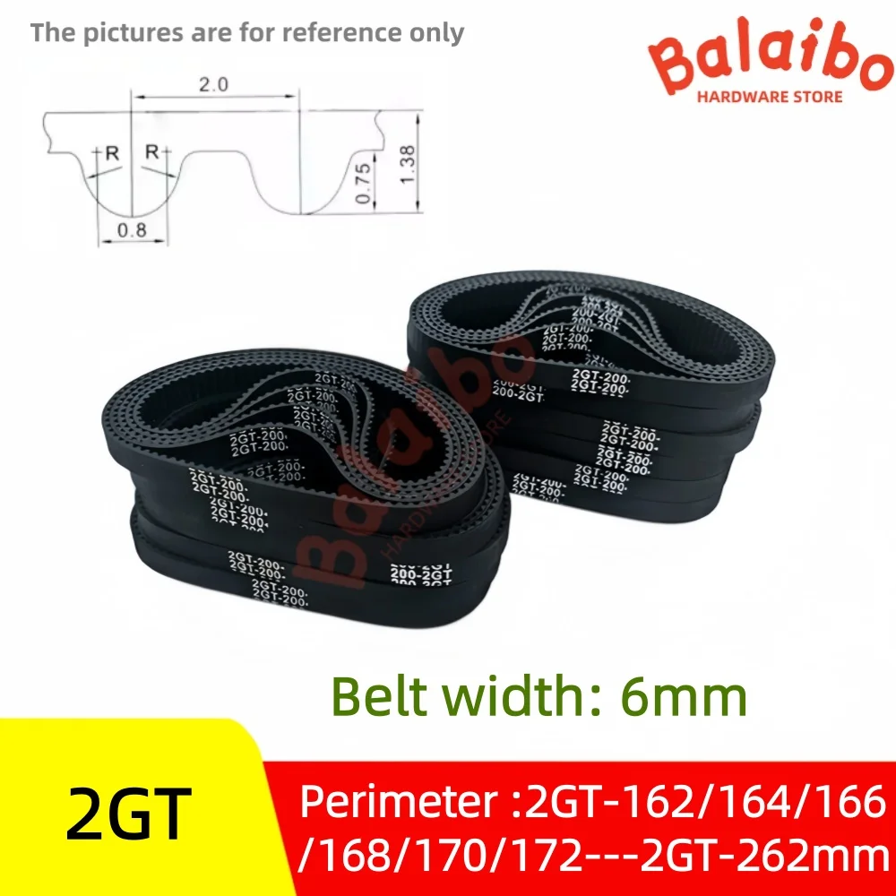2GT Timing Belt Width 6mm Perimeter 2GT-162/164/166/168/170/172/174/178/180/182/184/186/188/190/192/---2GT-262mm