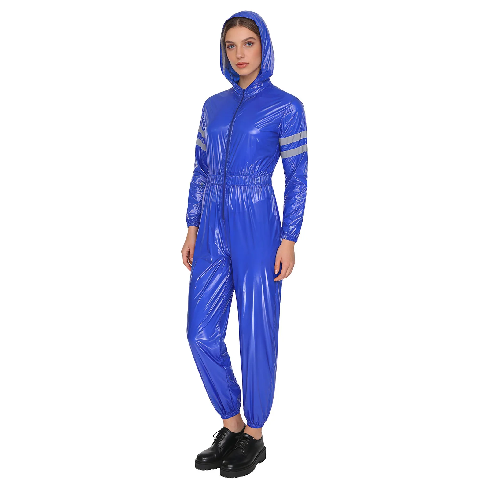 Women Water Resistant Coveralls Romper High Visibility Reflective Strips Long Sleeves Elastic Waist Front Zipper Hooded Jumpsuit