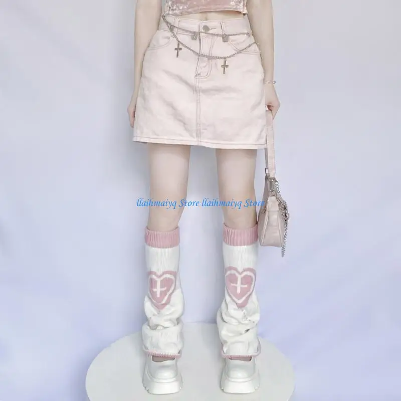 

573B Women Gothic Autumn Knitted Leg Warmers Socks Japanese Harajuku Crucifix Heart Balloon Reversible Flared Baggy Foot Cov