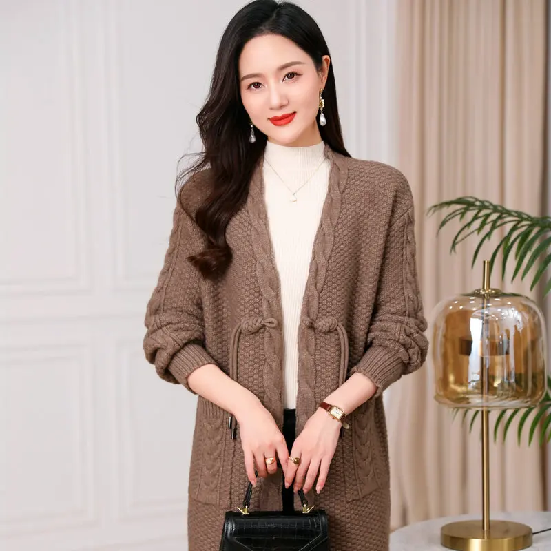 

Oriental Style Women Chunky Knitted Cardigan Coat Sculptured KnitwearLow Button Sweaters Beige Camel Gray Bulky Cosy Knitwear