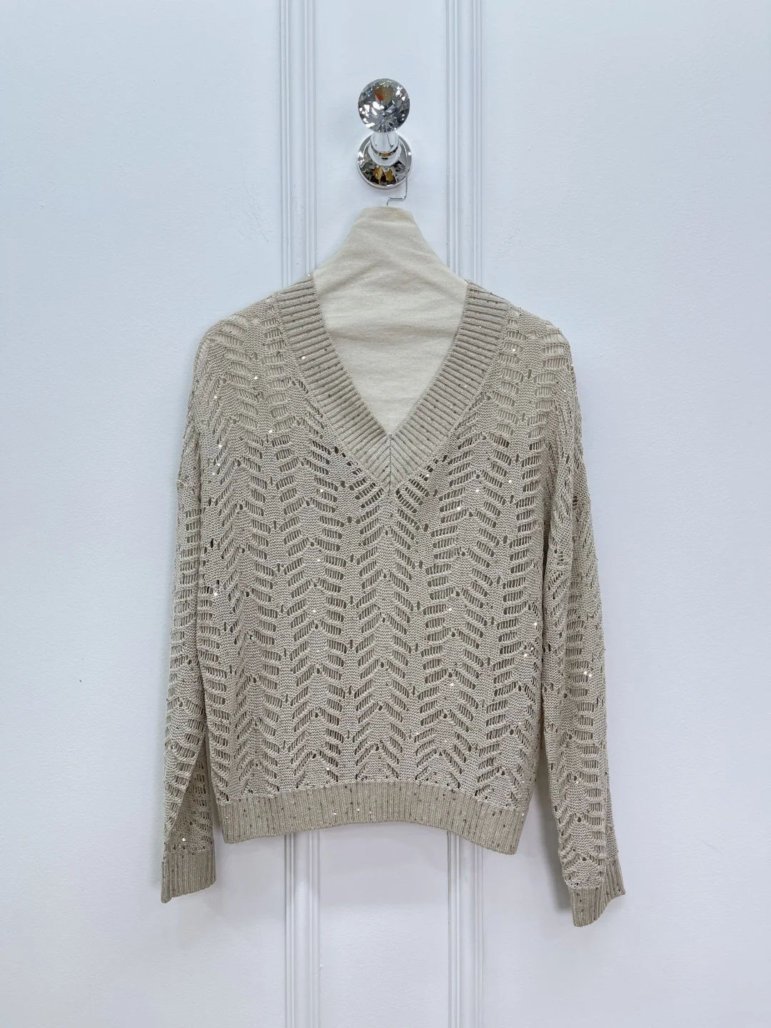 

Sequined Hollow Out Women Knitted Pullover Linen Blend V-Neck Long Sleeve Fashion Sweater