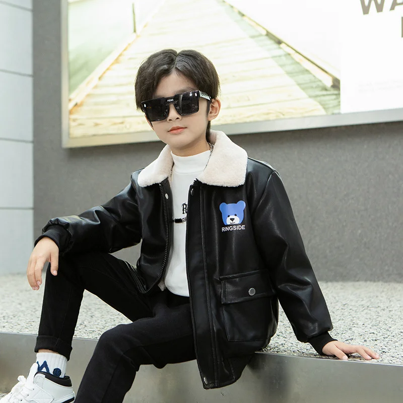 

Boys Coat Cotton Jacket Windbreak Outerwear 2025 PU Autumn Thicken Warm Cotton Winter Teenagers Children's Clothing
