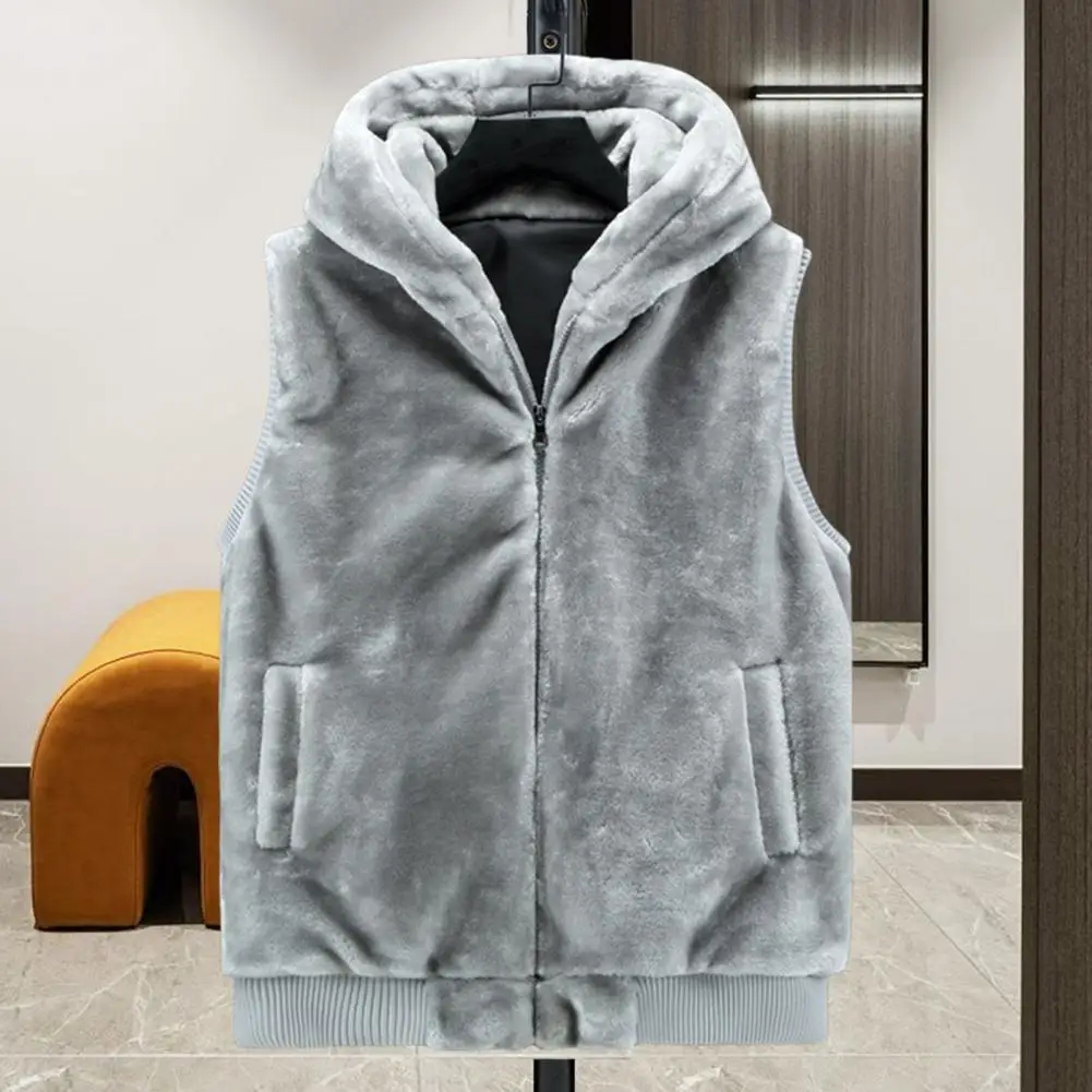 Men Winter Vest Plush Faux Fur Hooded Sleeveless  Waistcoat Thickened Zipper Closure Pockets Warm Vest Cardigan Winter Jacket