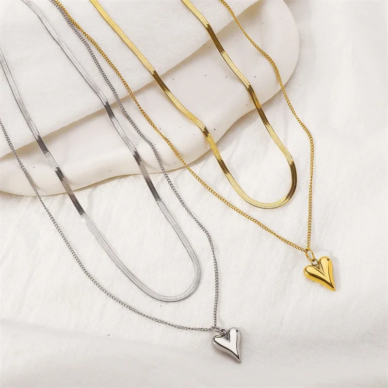 Double Layered Love Heart Pendant Necklace for Women Simple Necklace Chain Jewelry Wholesale image 6